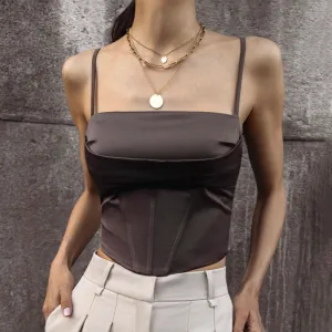 Women Fashion Sexy Simple Solid Color Satin Fishbone Lace-Up Crop Top