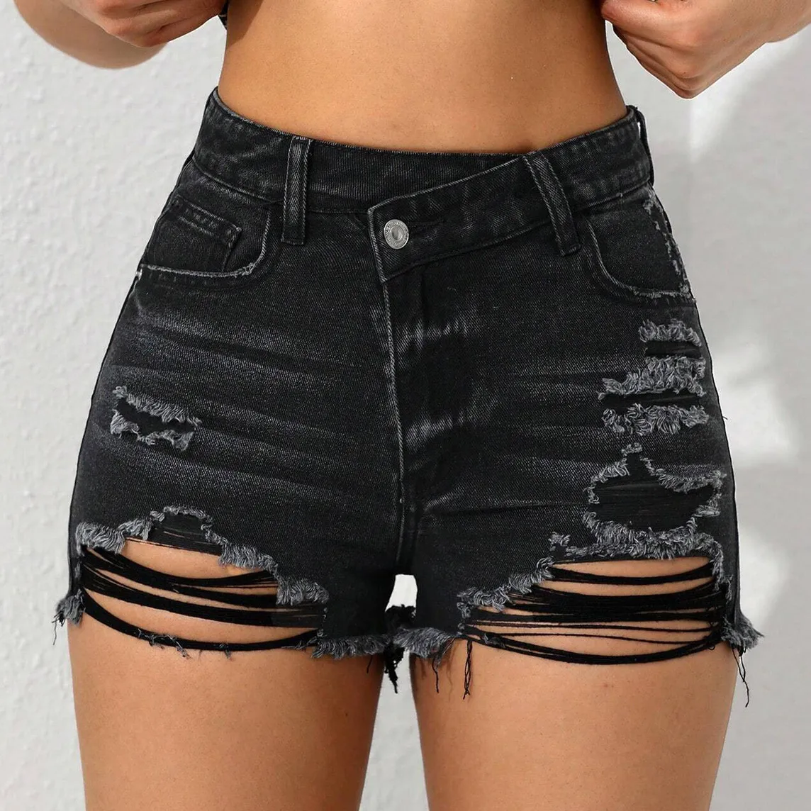Women Fashion High Waist Stretch Ripped Micro Denim Shorts