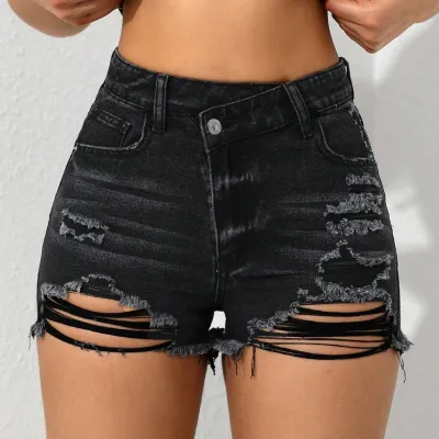 Women Fashion High Waist Stretch Ripped Micro Denim Shorts