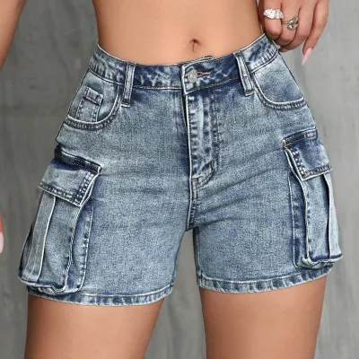 Women Fashion Double Pocket Ripped Micro Denim Shorts