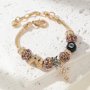 Women Fashion Leopard Pattern Star Obsidian Beaded Bracelet
