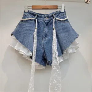 Women Fashion Creative Beveled Stitching High Waist Wide-Leg Denim Shorts