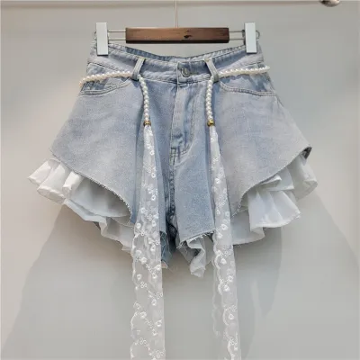 Women Fashion Creative Beveled Stitching High Waist Wide-Leg Denim Shorts