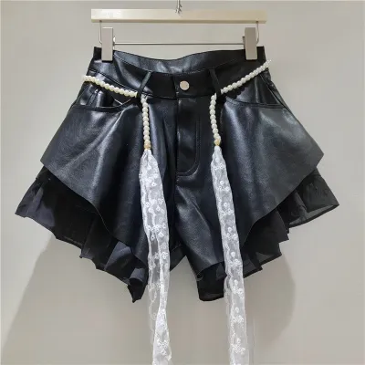 Women Fashion Creative Beveled Stitching High Waist Wide-Leg Denim Shorts