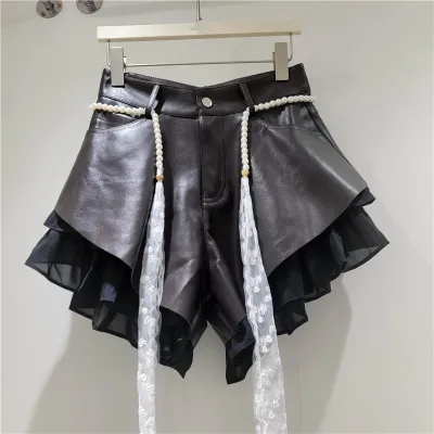 Women Fashion Creative Beveled Stitching High Waist Wide-Leg Denim Shorts