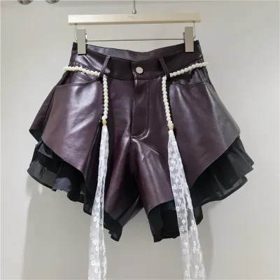 Women Fashion Creative Beveled Stitching High Waist Wide-Leg Denim Shorts
