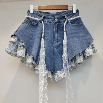 Women Fashion Creative Beveled Stitching High Waist Wide-Leg Denim Shorts