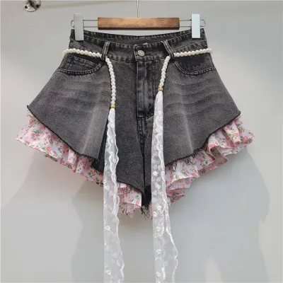 Women Fashion Creative Beveled Stitching High Waist Wide-Leg Denim Shorts