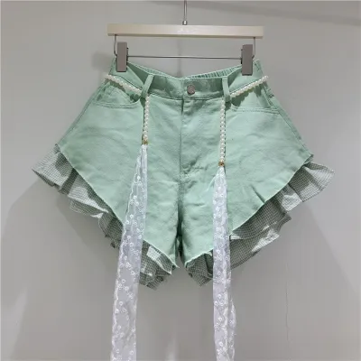 Women Fashion Creative Beveled Stitching High Waist Wide-Leg Denim Shorts