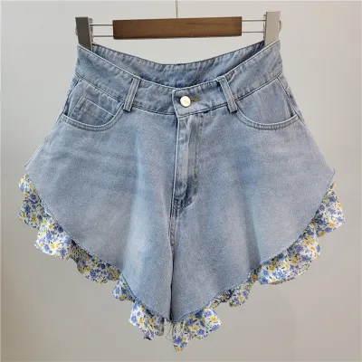 Women Fashion Spring And Summer Cloth Stitching Wide Leg Denim Shorts