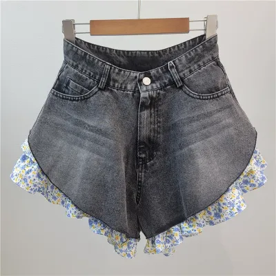 Women Fashion Spring And Summer Cloth Stitching Wide Leg Denim Shorts