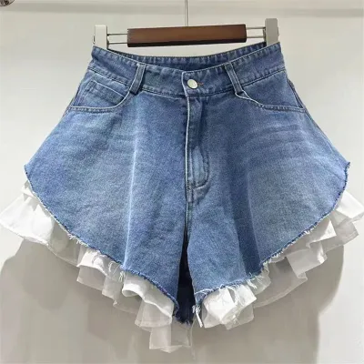 Women Fashion Spring And Summer Cloth Stitching Wide Leg Denim Shorts