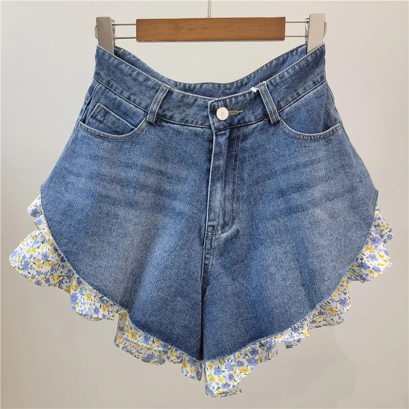 Women Fashion Spring And Summer Cloth Stitching Wide Leg Denim Shorts