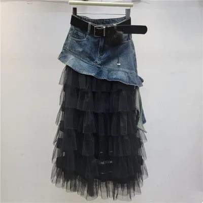 Women Fashion Irregular Ruffled Mesh Stitching High Waist Denim Skirt