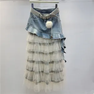 Women Fashion Irregular Ruffled Mesh Stitching High Waist Denim Skirt
