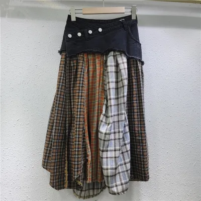 Women Fashion Casual Stitching Plaid High Waist Denim Skirt