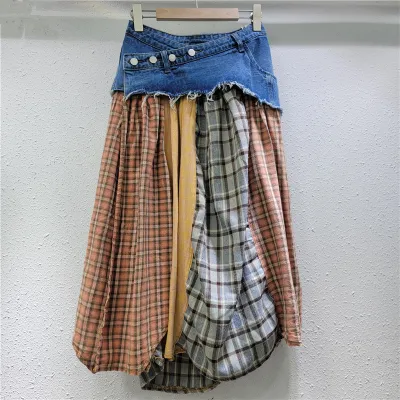 Women Fashion Casual Stitching Plaid High Waist Denim Skirt