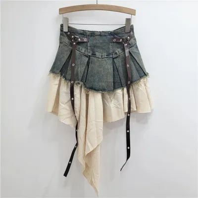 Women Fashion Retro Cloth Stitching Pleated High Waist Denim Skirt