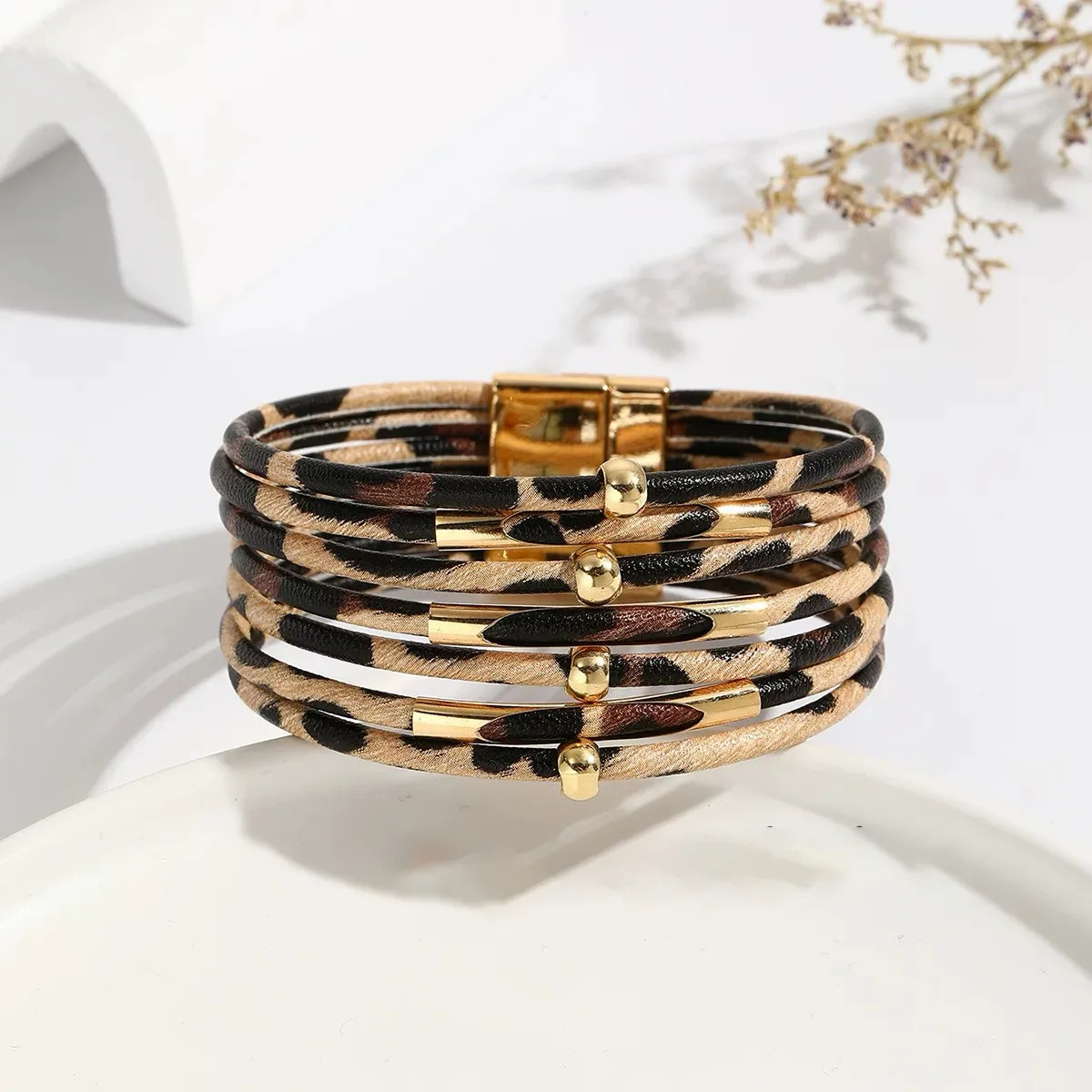 Women Fashion Retro Leopard Multi-Layer Leather Open Bracelet