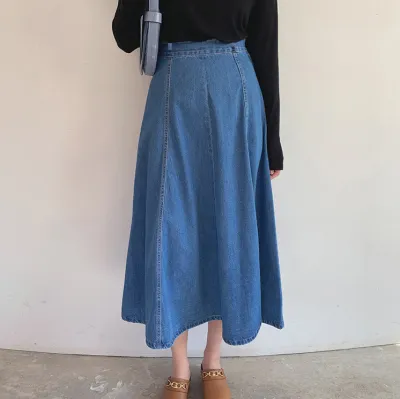 Women Fashion Casual Mid-Length High Waist Loose Denim Skirt