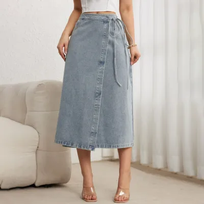 Women Fashion Casual Side Drawstrings Loose Denim Skirt