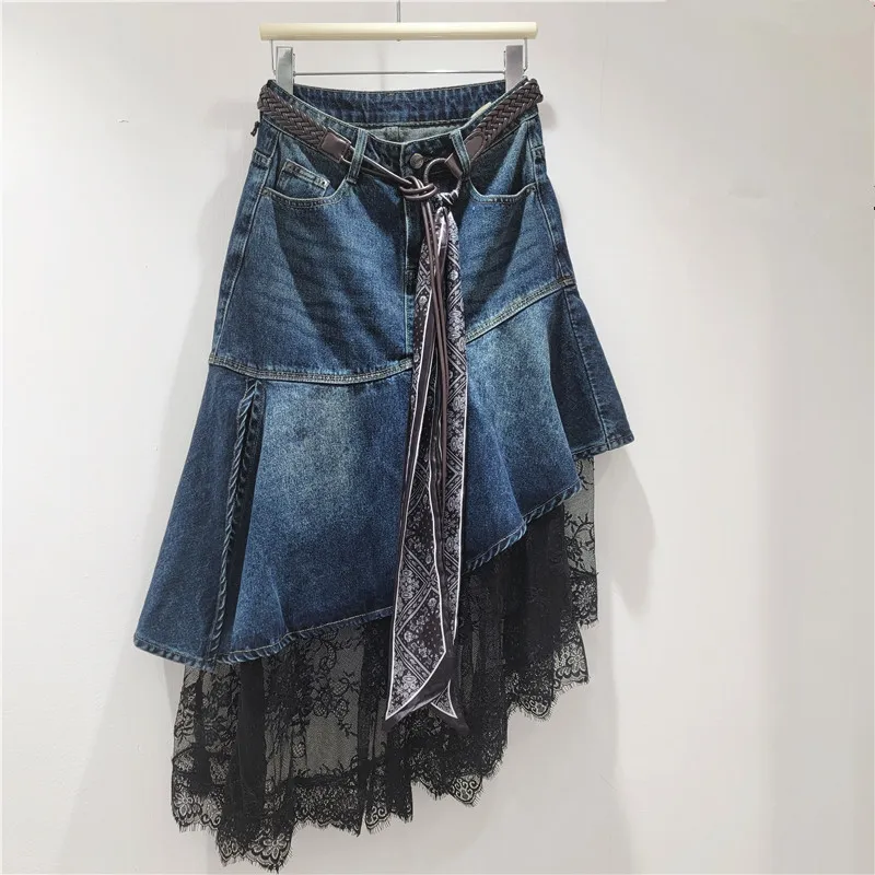 Women Fashion Casual Irregular Lace Stitching Fishtail Denim Skirt
