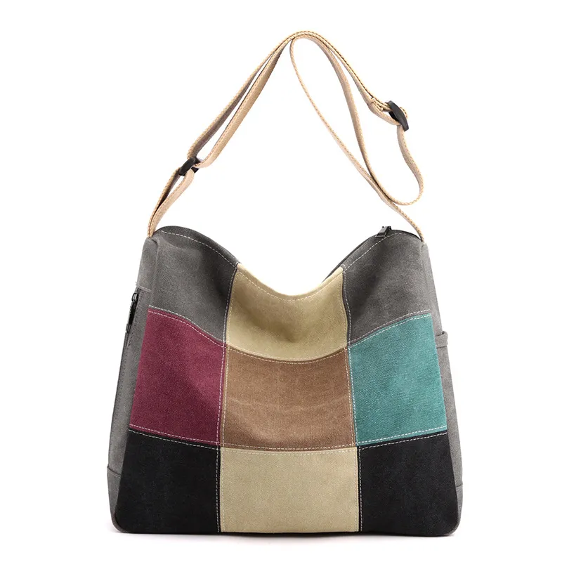 Women Fashion Casual Large Capacity Color Block Canvas Shoulder Bag Tote