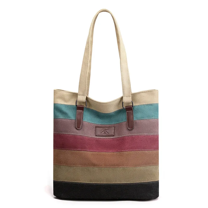 Women Casual Fashion Contrast Color Stitching Large Capacity Canvas Shoulder Bag