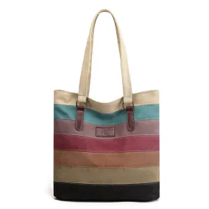 Women Casual Fashion Contrast Color Stitching Large Capacity Canvas Shoulder Bag