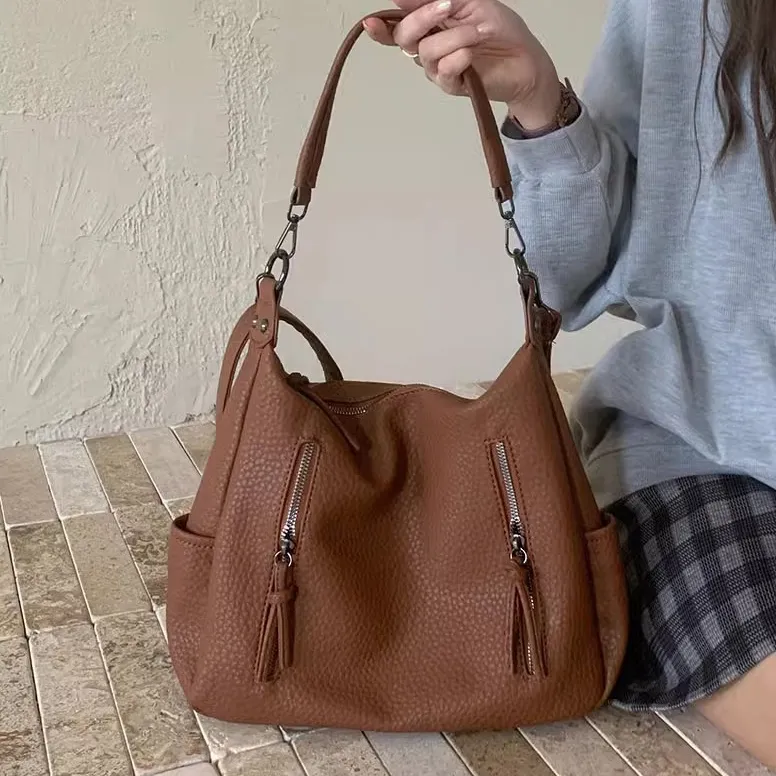 Women Casual Retro Solid Color Portable Multi-Functional Shoulder Bag PU