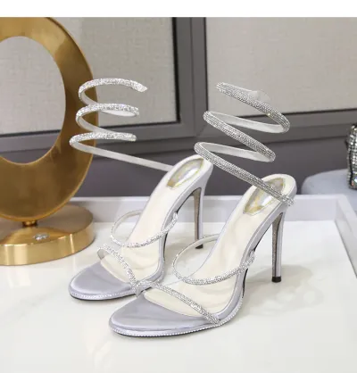 Women's Sexy Summer Rhinestone Wrap Heeled Sandals with Satin Upper