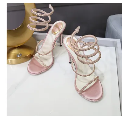 Women's Sexy Summer Rhinestone Wrap Heeled Sandals with Satin Upper