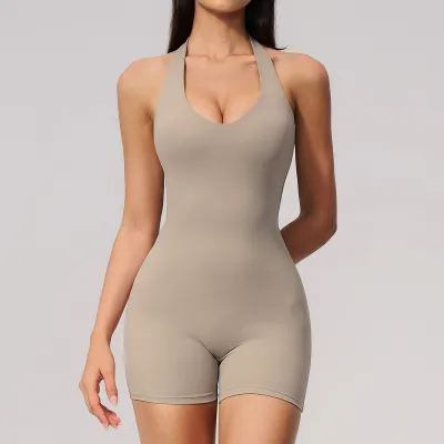 Women Fashion Solid Color V-Neck Halter-Neck Backless Slim-Fit Yoga Rompers