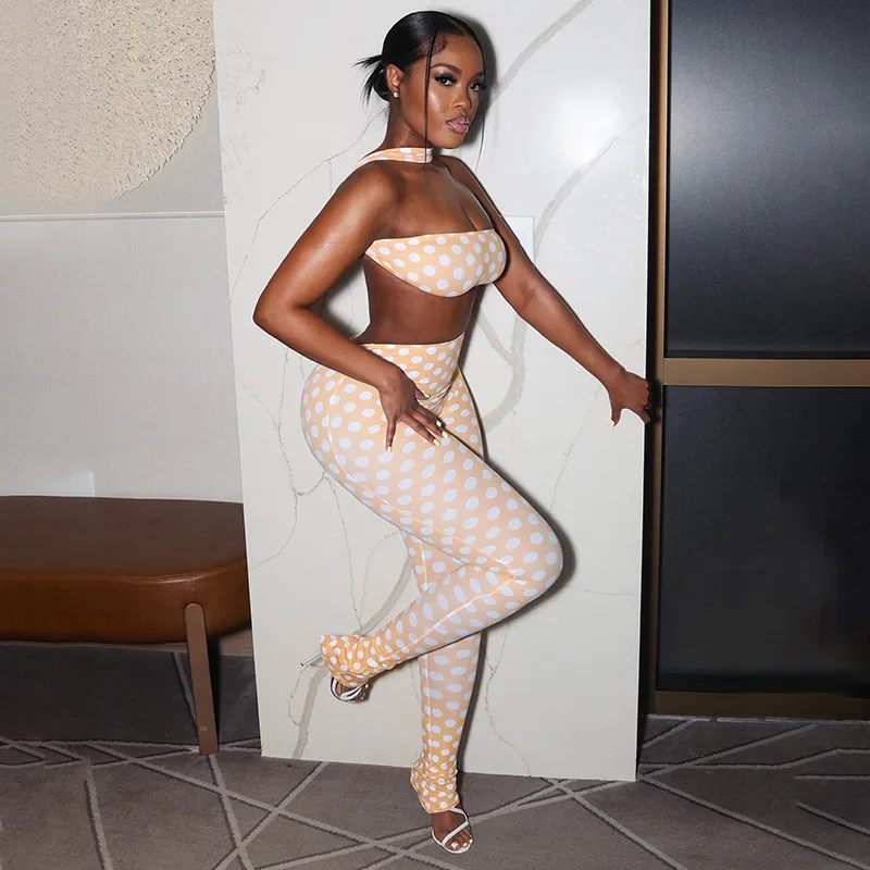Women'S Sexy Polar Dot Printed Neck Crop Top And Pants Two-Piece Set