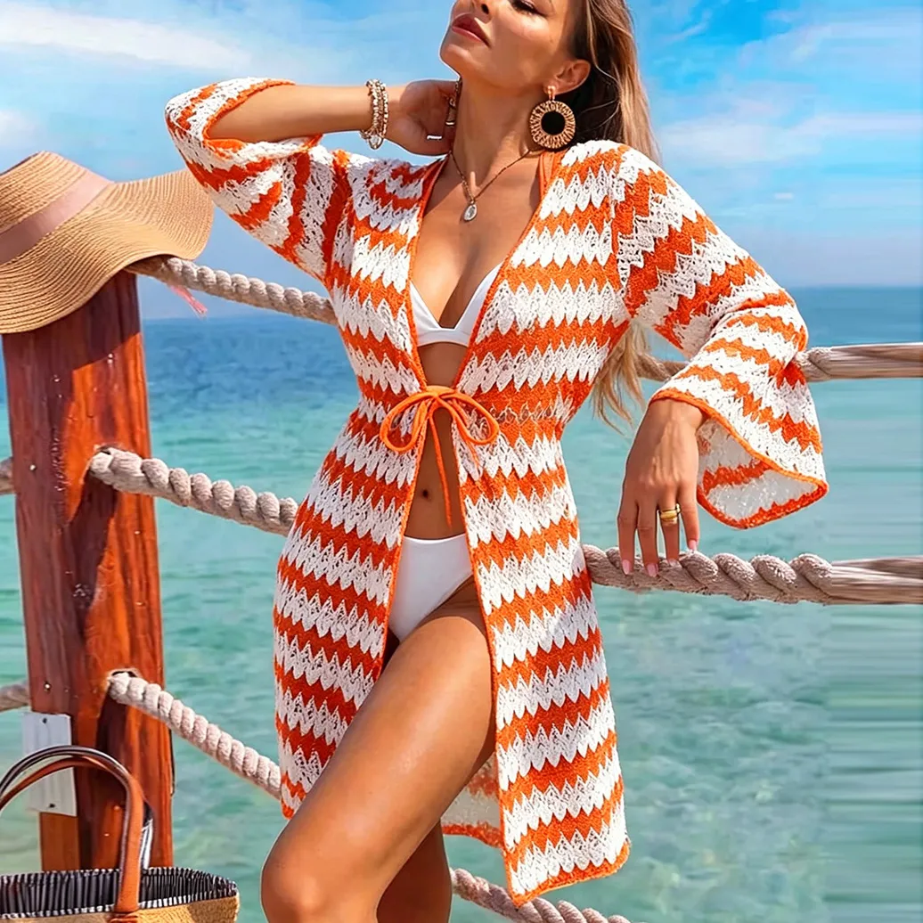 Summer Vacation Women'S Casual Color Contrast Crochet Long Sleeve Beach Swimwear Cover-Ups