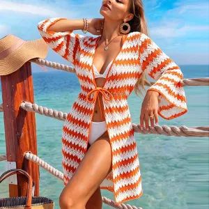 Summer Vacation Women'S Casual Color Contrast Crochet Long Sleeve Beach Swimwear Cover-Ups