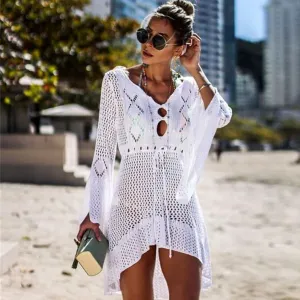Holiday Women'S Casual Hollow Crochet Long Sleeve Beach Swimwear Cover-Ups Dress