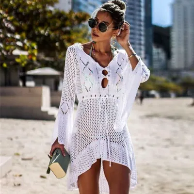 Holiday Women'S Casual Hollow Crochet Long Sleeve Beach Swimwear Cover-Ups Dress