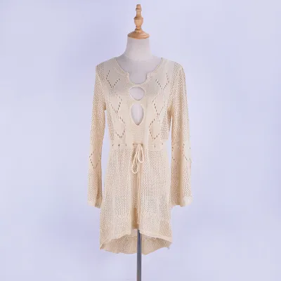 Holiday Women'S Casual Hollow Crochet Long Sleeve Beach Swimwear Cover-Ups Dress