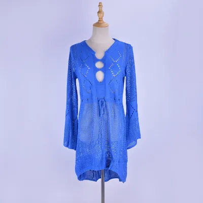 Holiday Women'S Casual Hollow Crochet Long Sleeve Beach Swimwear Cover-Ups Dress