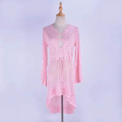 Holiday Women'S Casual Hollow Crochet Long Sleeve Beach Swimwear Cover-Ups Dress