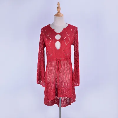Holiday Women'S Casual Hollow Crochet Long Sleeve Beach Swimwear Cover-Ups Dress