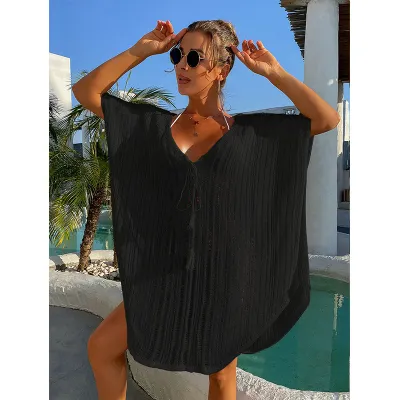 Summer Vacation Women Solid Color Hollow Crochet Strap Loose Beach Swimwear Cover-Ups