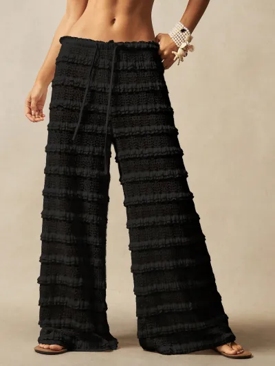 Vacation Women'S Fashion Solid Color Lace Jacquard Hollow Stitching Lace-Up Cover-Ups Pants