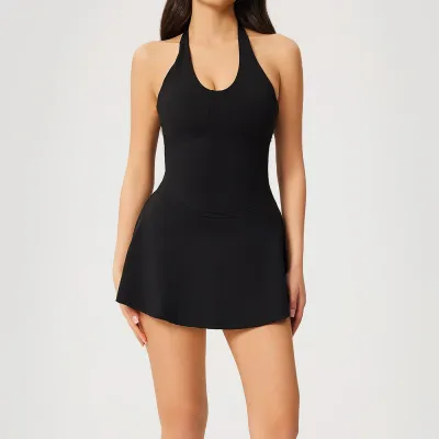 Women Fashion Casual Solid Color Halter-Neck With Chest Pad Strap Yoga Sports Tennis Dress
