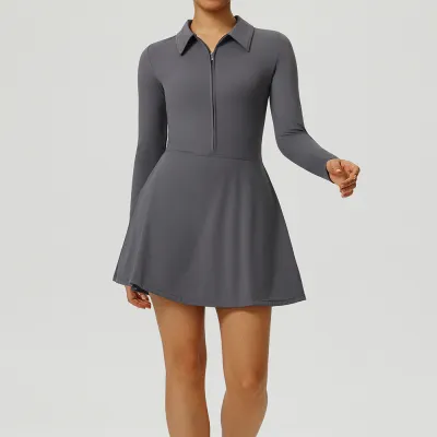 Women Fashion Casual Solid Color Lapel Zipper Long Sleeve Tight High Waist Sports Tennis Dress