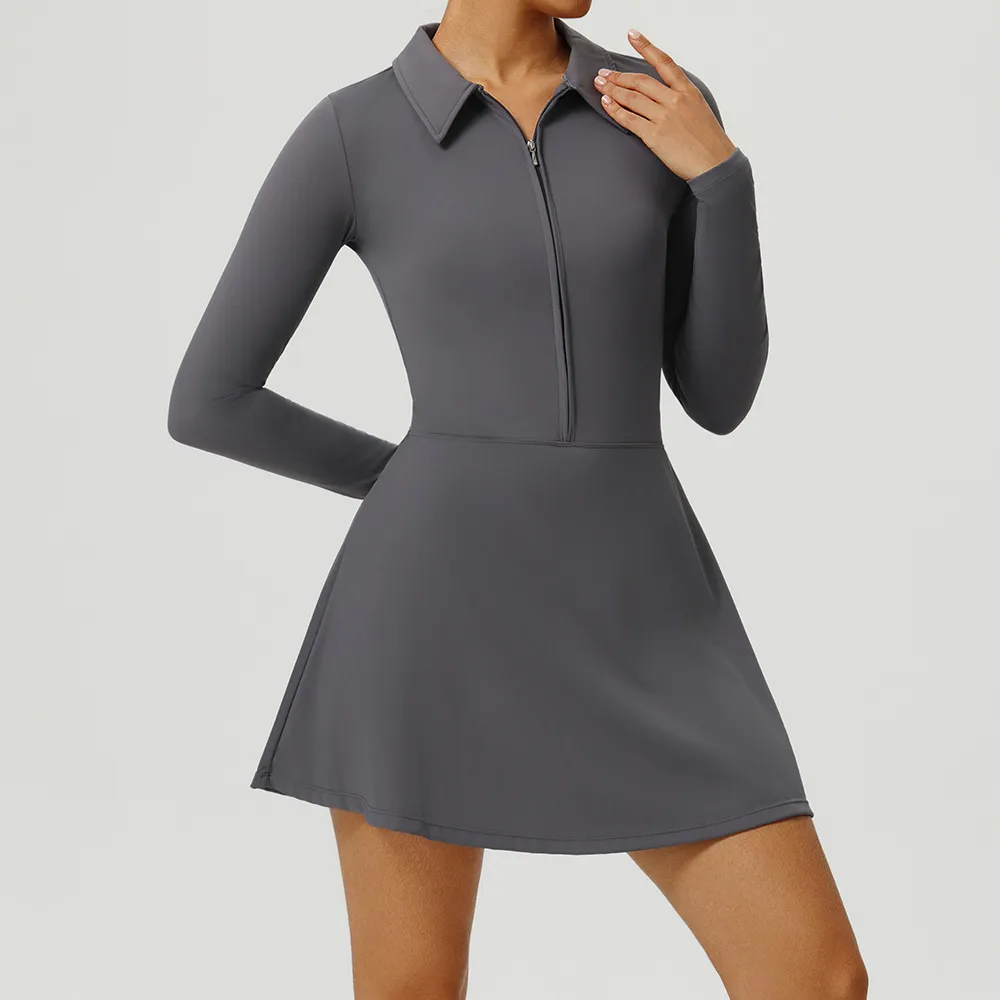 Women Fashion Casual Solid Color Lapel Zipper Long Sleeve Tight High Waist Sports Tennis Dress