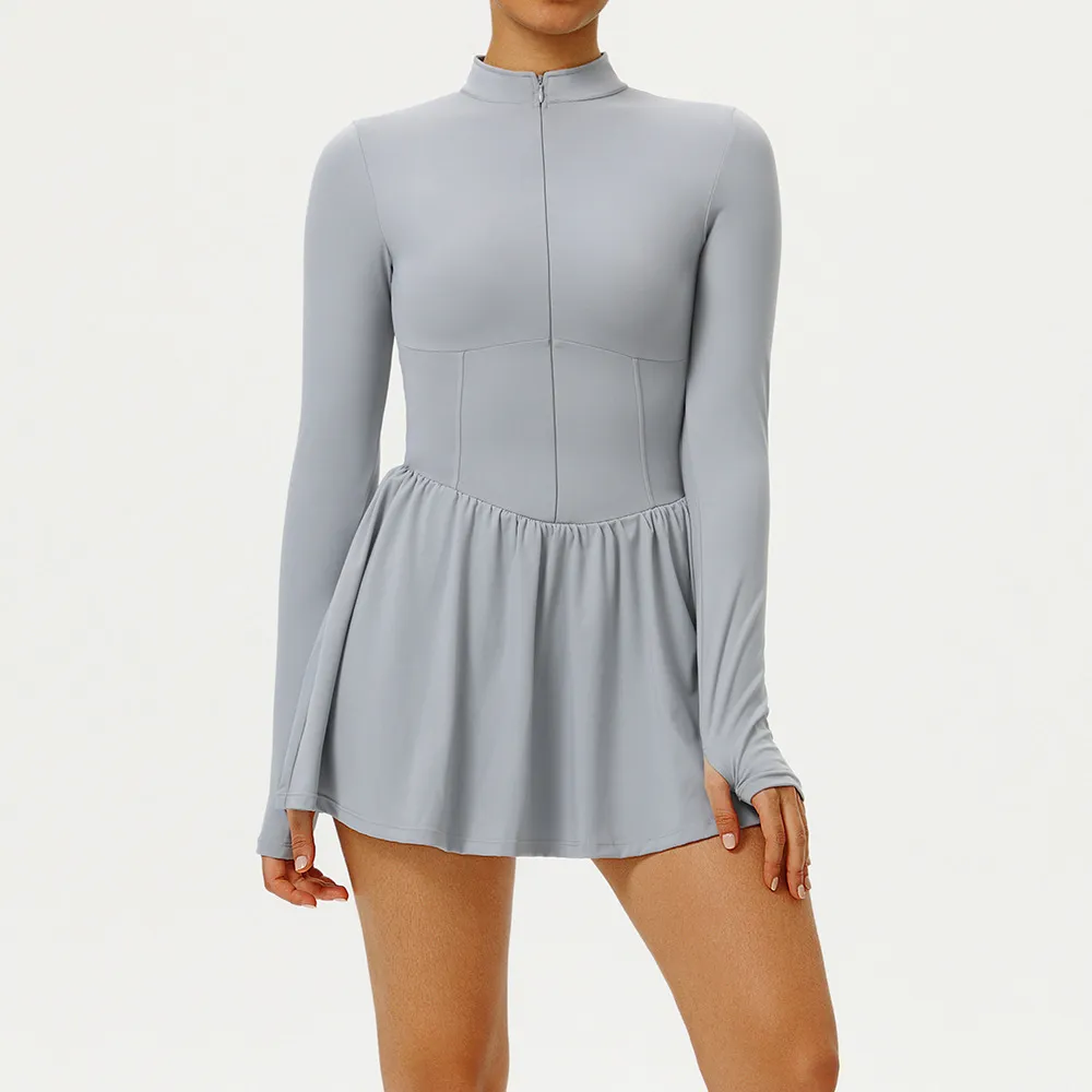 Women Fashion Casual Solid Color Long-Sleeve A- Line Sports Tennis Dress