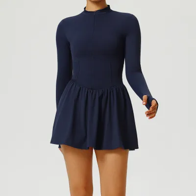 Women Fashion Casual Solid Color Long-Sleeve A- Line Sports Tennis Dress