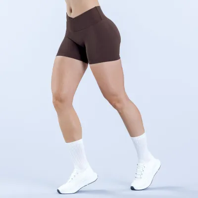 Women Fashion Solid Color Seamless Cross Waist Yoga Shorts
